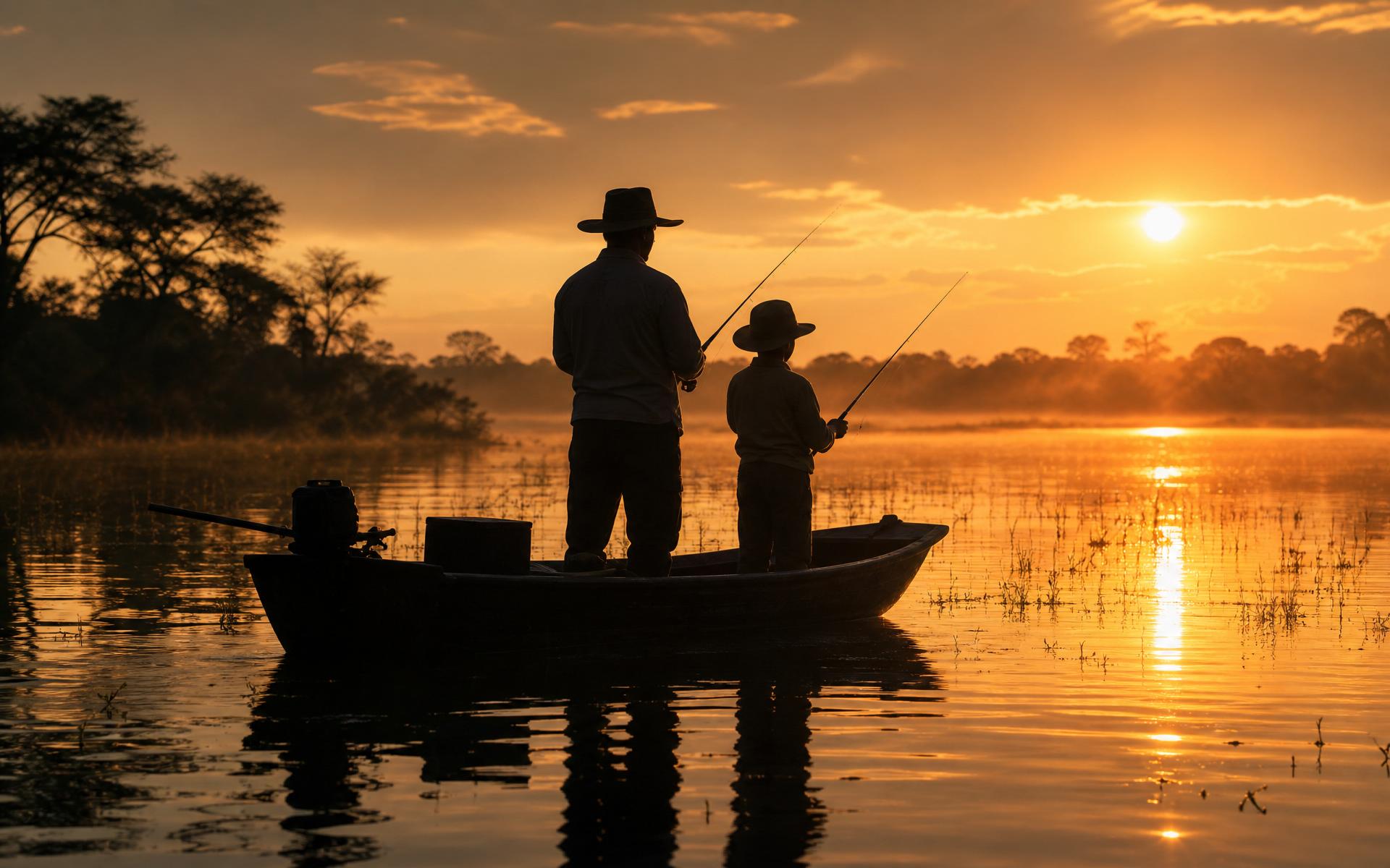 Pai e filho pescando no Pantanal ao pôr do sol — silhueta contra a luz dourada.